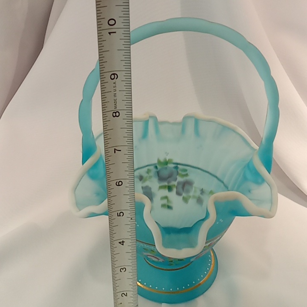 Fenton Basket Light Blue Handpainted Flowers Signed By Artist - Picture 6 of 8